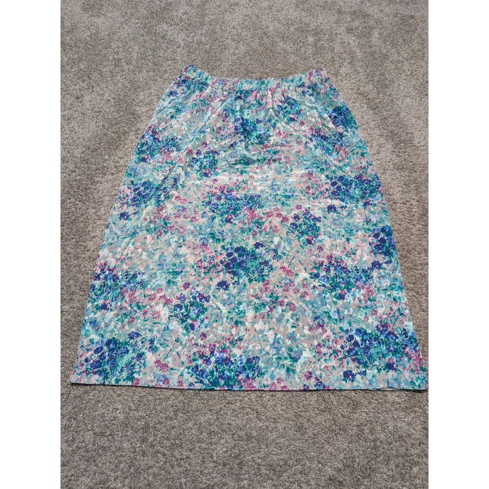 Andrea Gayle Skirt Womens 10P Blue Floral Midi Elastic Waist Vintage 90s Petite